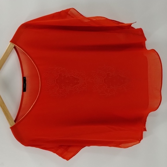 THML Anthropologie Orange Embroidered Cape Flutter Sleeve size medium sheer - Picture 1 of 10
